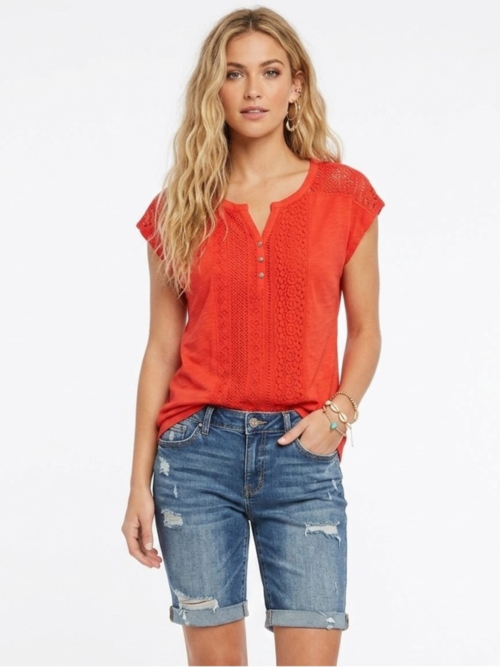 89th & Madison Red Lace Crochet Henley Tee